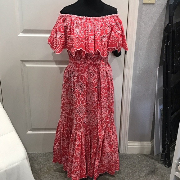 Trina Turk Dresses & Skirts - Trina Turk Off-Shoulder Coral Pink Eyelet Maxi Dress
